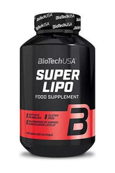 BioTechUSA Super Lipo food supplement bottle for metabolism and blood sugar support, gluten-free, 120 tablets.