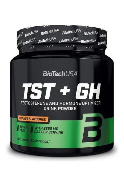BioTechUSA TST + GH orange drink powder for testosterone and hormone optimization, 300g container.