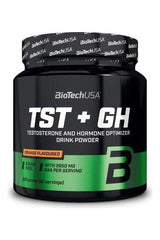 BioTechUSA TST + GH orange drink powder for testosterone and hormone optimization, 300g container.