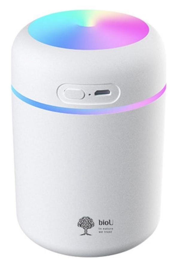 bioU air humidifier and essential oil diffuser with LED light, USB plug, enhancing air quality and aromatherapy.