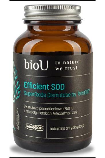bioU Efficient Sod Superoxide Dismutase TetraSOD 750 IU in brown glass bottle, natural antioxidant supplement