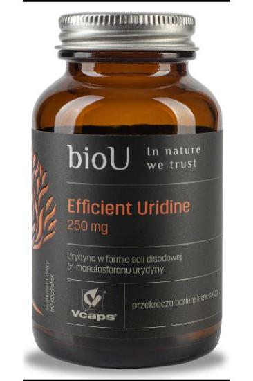 bioU Efficient Uridine supplement 250 mg in a glass bottle with black label and silver cap.