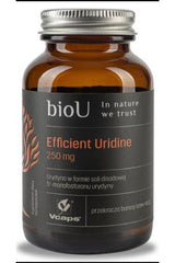 bioU Efficient Uridine supplement 250 mg in a glass bottle with black label and silver cap.