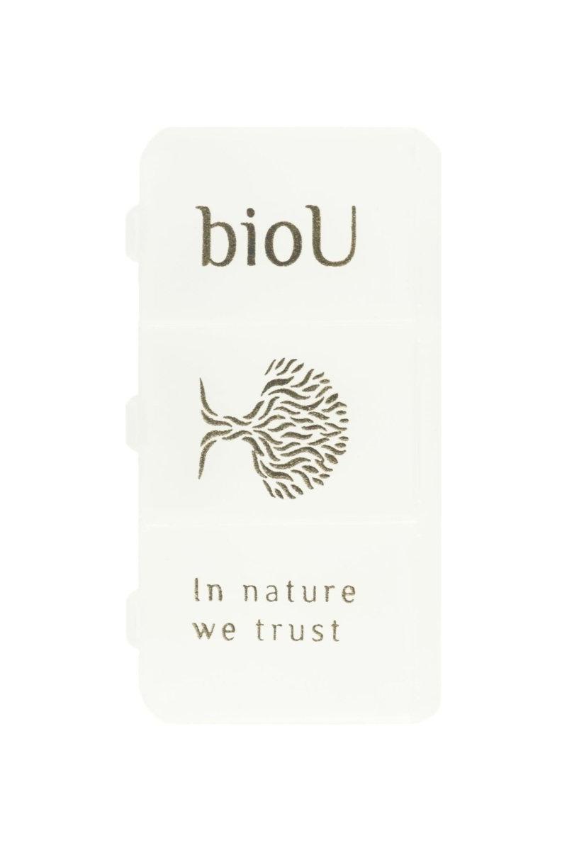 bioU pill box with three compartments for easy separation of capsules and tablets, featuring nature-inspired design.