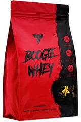 Trec Nutrition Boogie Whey protein supplement package with bold graphics in red and black design.