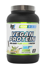 BPI Sports Vegan Protein powder container featuring 20g protein per scoop, non-dairy, plant-based nutrition.