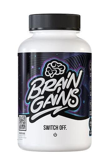 Brain Gains Switch Off sleep aid supplement bottle for non-habit forming restful sleep.