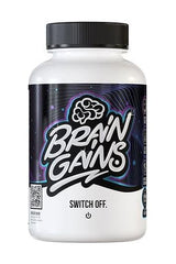 Brain Gains Switch Off sleep aid supplement bottle for non-habit forming restful sleep.