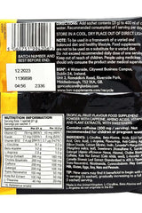 N.O.-Xplode Vaso supplement ingredients and directions for use, featuring tropical fruit flavor and nutrition facts.
