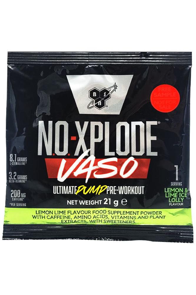 BSN N.O.-Xplode Vaso sample packet, pre-workout supplement with lemon-lime flavor, 8.1g L-citrulline, 3.2g beta-alanine.