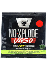 BSN N.O.-Xplode Vaso sample packet, pre-workout supplement with lemon-lime flavor, 8.1g L-citrulline, 3.2g beta-alanine.