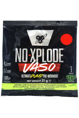 BSN N.O.-Xplode Vaso sample packet, pre-workout supplement with lemon-lime flavor, 8.1g L-citrulline, 3.2g beta-alanine.
