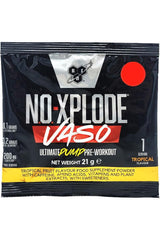 BSN N.O.-Xplode Vaso pre-workout sample pack with tropical flavor and key ingredient highlights.