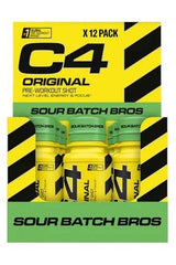 C4 Original Pre-Workout Shot 12 pack, flavored with Sour Batch Bros, boosts energy, focus, and endurance.