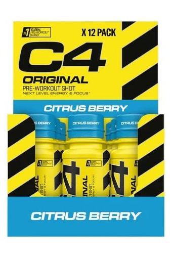 C4 Original pre-workout shot in citrus berry flavor, 12 pack, designed for improved energy and focus.