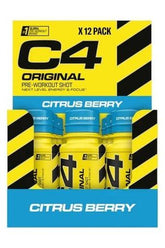 C4 Original pre-workout shot in citrus berry flavor, 12 pack, designed for improved energy and focus.