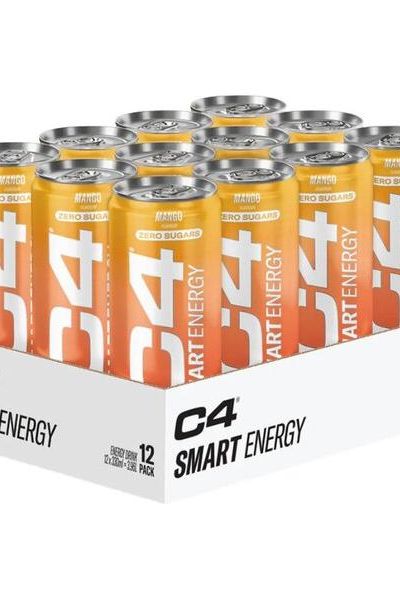 C4 Smart Energy drinks pack of 12 cans, featuring natural energy boost with caffeine and vitamin C, in orange design.