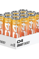 C4 Smart Energy drinks pack of 12 cans, featuring natural energy boost with caffeine and vitamin C, in orange design.