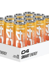 C4 Smart Energy drinks pack of 12 cans, featuring natural energy boost with caffeine and vitamin C, in orange design.