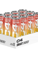 C4 Smart Energy drinks in a 12-pack box featuring Red Berry Yuzu flavor, zero sugars, natural energy boost.