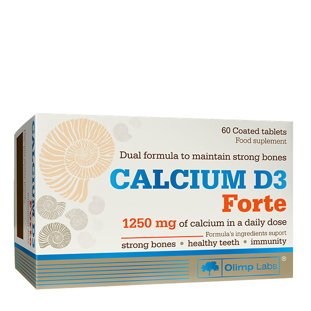 Olimp Calcium D3 Forte supplement box, 60 coated tablets for strong bones and teeth, 1250 mg of calcium.