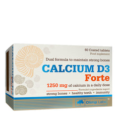 Olimp Calcium D3 Forte supplement box, 60 coated tablets for strong bones and teeth, 1250 mg of calcium.