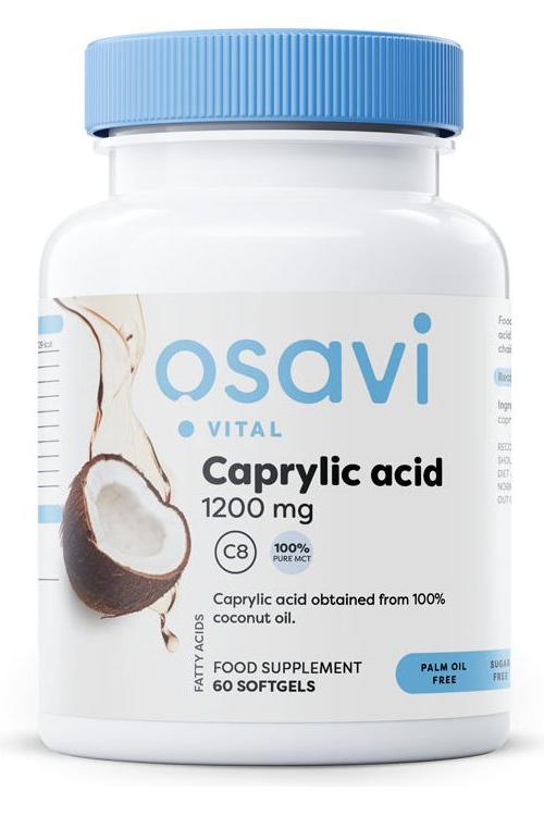 Osavi Caprylic Acid 1200 mg supplement bottle featuring coconut oil, 60 softgels, palm oil-free.