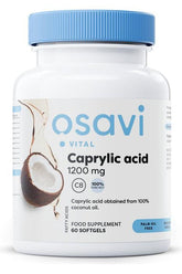 Osavi Caprylic Acid 1200 mg supplement bottle featuring coconut oil, 60 softgels, palm oil-free.