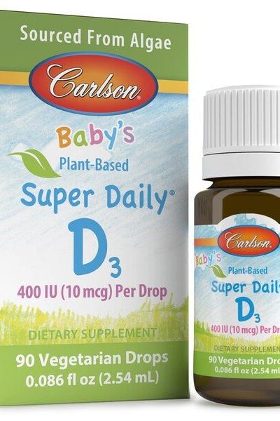 Carlson Labs Baby's Plant-Based Super Daily D3, 90 vegetarian drops for healthy growth and development.
