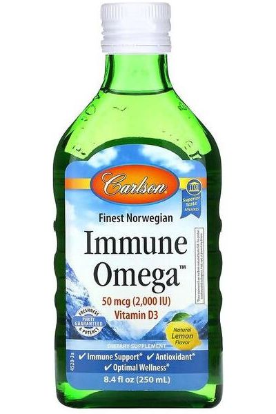 Carlson Labs Immune Omega supplement with Vitamin D3 in green bottle for immune support and optimal wellness.