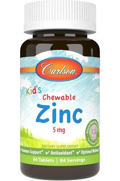 Carlson Labs Kid's Chewable Zinc supplement bottle, 5 mg, 84 tablets, supports immune health for children.