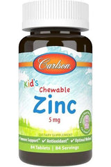 Carlson Labs Kid's Chewable Zinc supplement bottle, 5 mg, 84 tablets, supports immune health for children.
