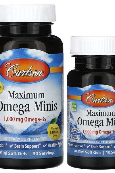Carlson Labs Maximum Omega Minis softgels, 1,000 mg Omega-3s, supports heart and brain health, gluten-free supplement.