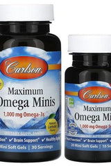 Carlson Labs Maximum Omega Minis softgels, 1,000 mg Omega-3s, supports heart and brain health, gluten-free supplement.