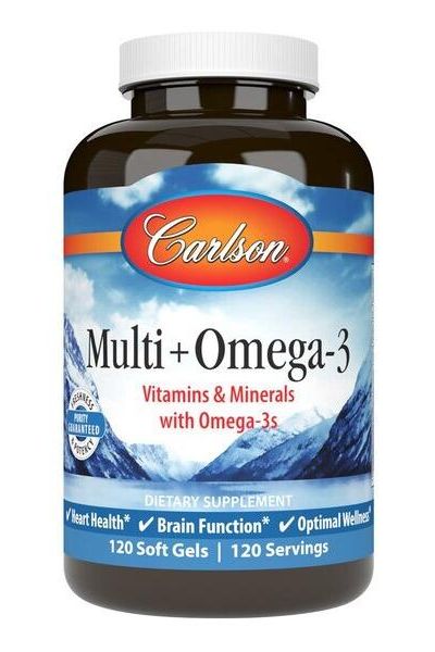 Carlson Labs Multi + Omega-3 dietary supplement bottle for heart and brain health, 120 soft gels.