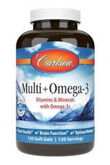Carlson Labs Multi + Omega-3 dietary supplement bottle for heart and brain health, 120 soft gels.