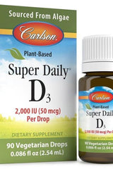 Carlson Labs Plant-Based Super Daily D3 bottle with algae source, 90 vegetarian drops, supports heart health.