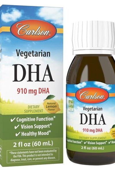Carlson Labs Vegetarian DHA supplement, 910 mg DHA, supports cognitive and vision health, natural lemon flavor.
