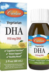 Carlson Labs Vegetarian DHA supplement, 910 mg DHA, supports cognitive and vision health, natural lemon flavor.