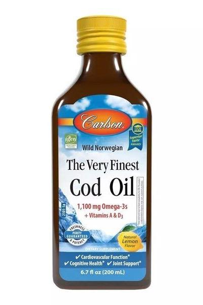 Carlson Labs Wild Norwegian The Very Finest Cod Oil, 7.6 oz bottle, rich in Omega-3s for heart and cognitive health.
