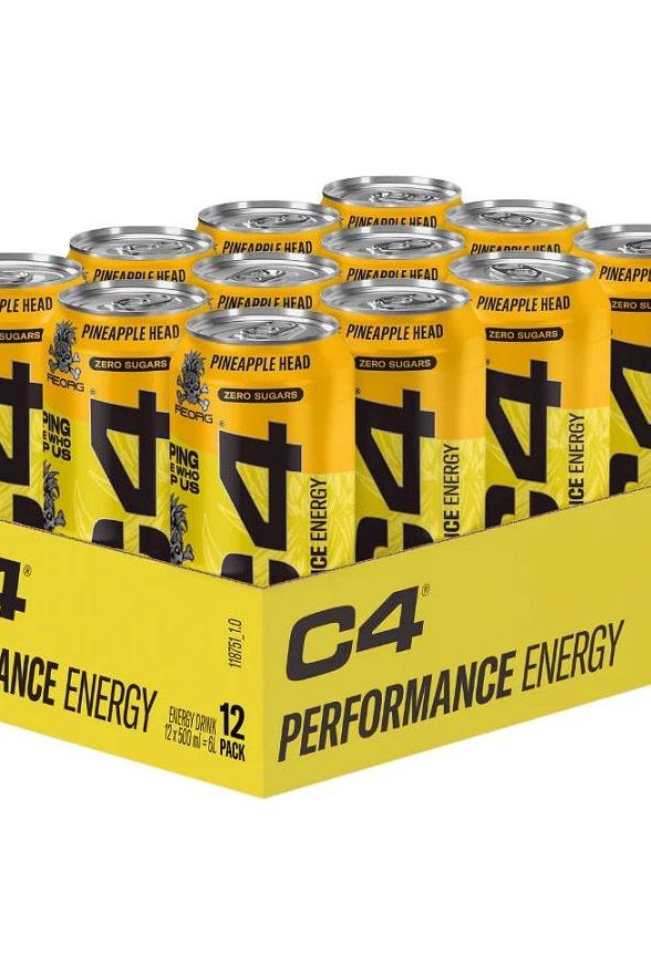 C4 Performance Energy cans in Pineapple Head flavor, showcasing a 12-pack for peak athletic performance.