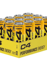 C4 Performance Energy cans in Pineapple Head flavor, showcasing a 12-pack for peak athletic performance.
