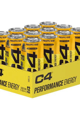 C4 Performance Energy cans in Pineapple Head flavor, showcasing a 12-pack for peak athletic performance.