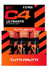 Cellucor C4 Ultimate Pre-Workout Shot Tutti Frutti flavor, 12 pack display, designed for increased energy and performance.