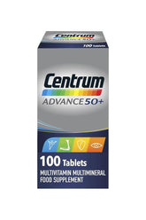 Centrum Advance 50+ multivitamin supplement box with 100 tablets, promoting vitality and eye health.
