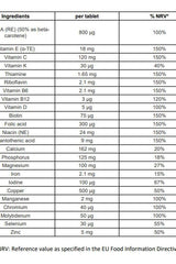 Nutritional information table for Centrum Advance 50+, showing vitamins and minerals per tablet.