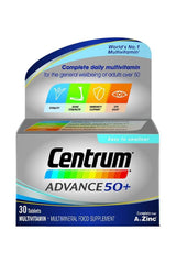 Centrum Advance 50+ multivitamins for adults over 50, promoting vitality, eye health, and immune support.