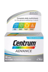 Centrum Advance multivitamin packaging, highlighting daily energy, immunity, and metabolism support for adults.