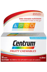 Centrum Fruity Chewables packaging - 30 tablets - Daily multivitamin with citrus berry flavor, gluten-free and convenient.