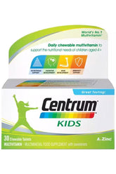 Centrum Kids multivitamin packaging featuring 30 chewable tablets for children's health and development.